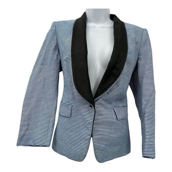 Band of Outsiders Blue White Striped Cotton Blend Leather Accent Jacket Blazer 4 - Picture 1 of 12